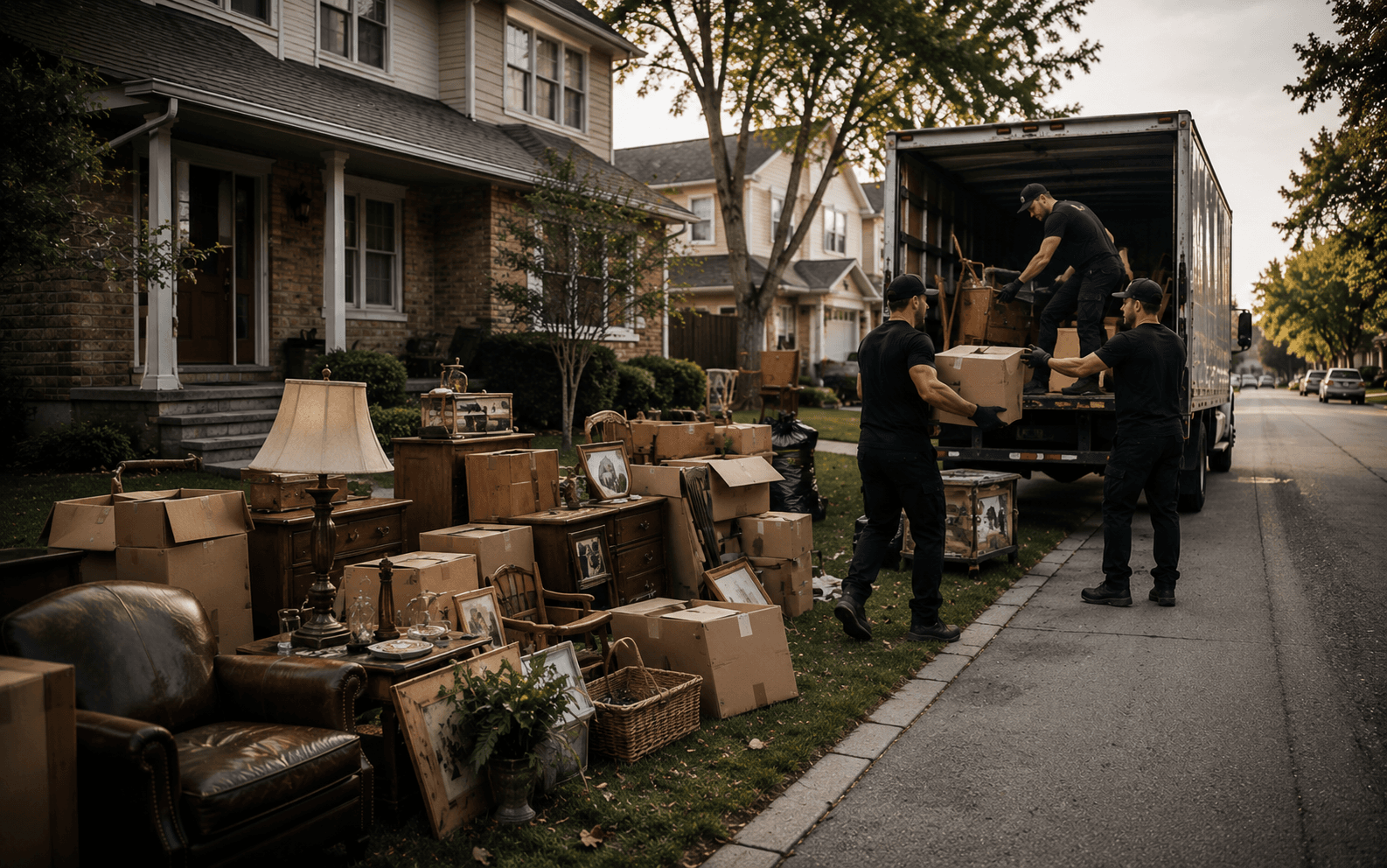 Boxes and household items stacked outside a home during an estate cleanout.