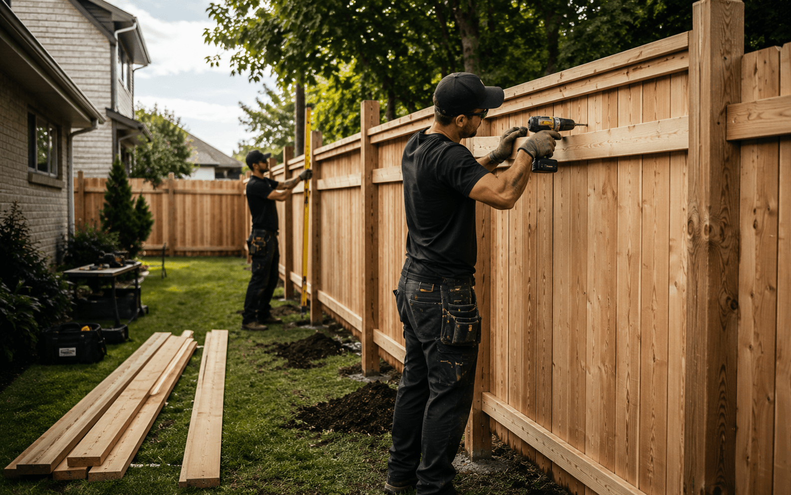 BMN crew installing a new wooden privacy fence in a suburban backyard.