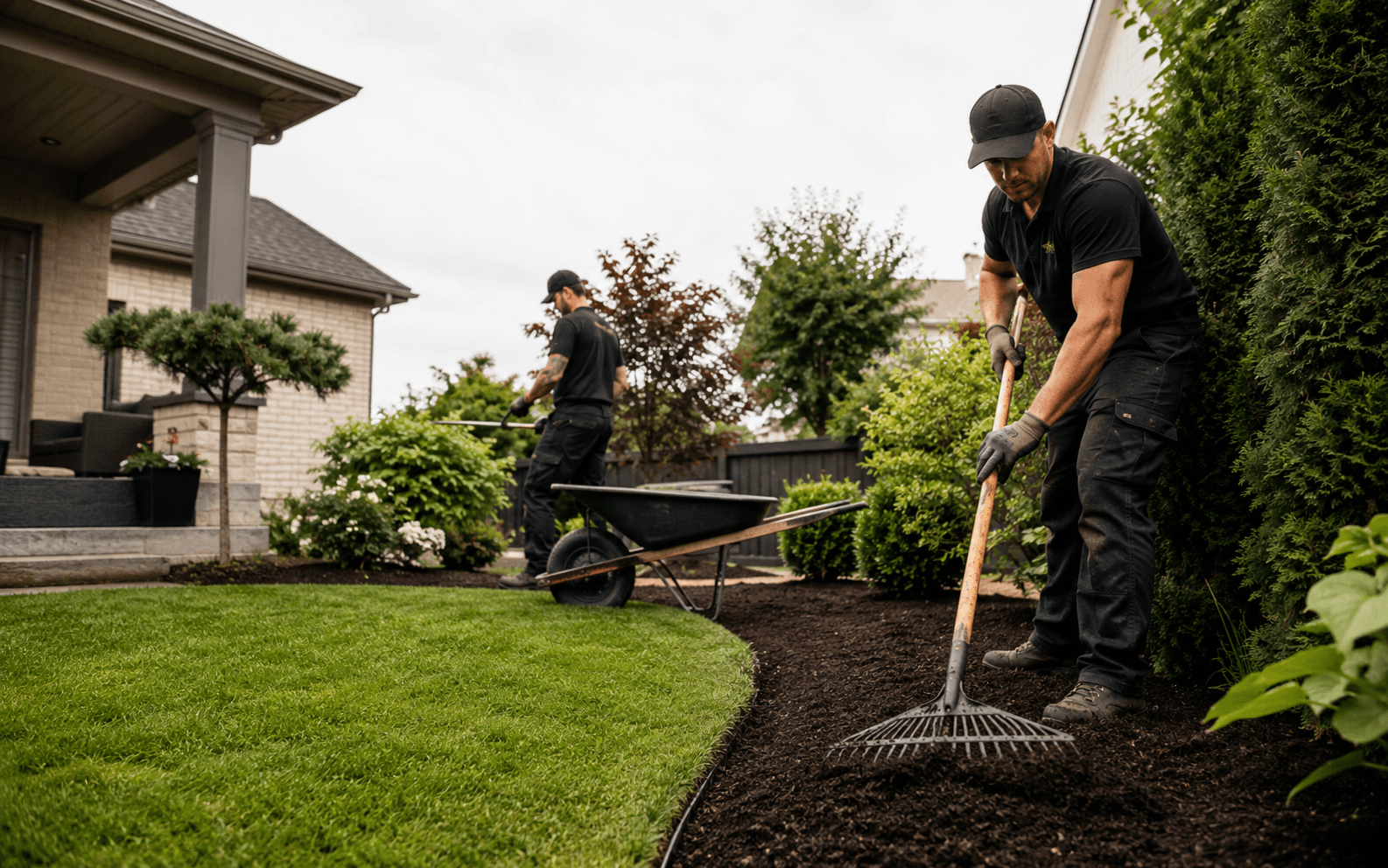 BMN crew performing landscaping cleanup in a residential backyard.