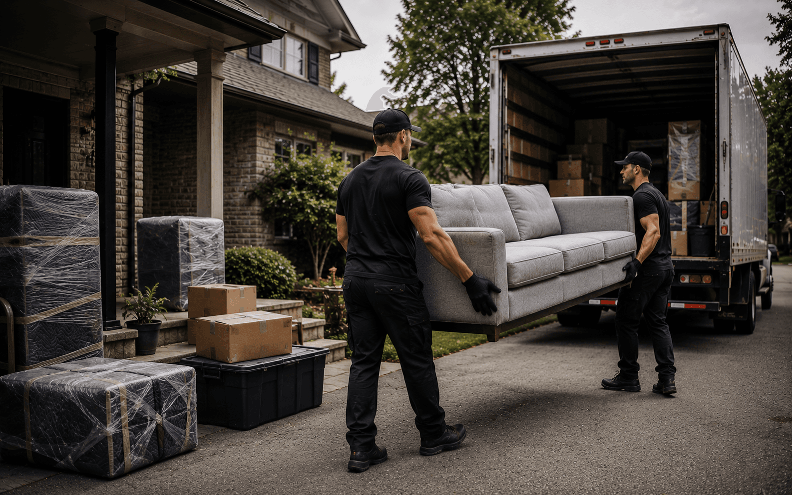 Two BMN team members carrying a sofa to a truck for a moving job.