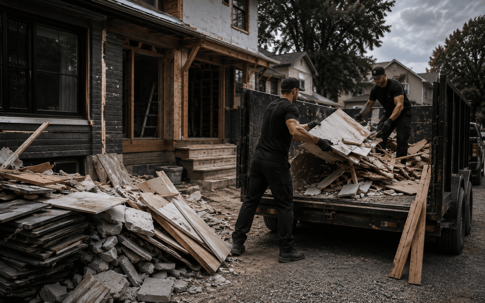 Pile of construction debris including lumber and drywall outside a renovation site.