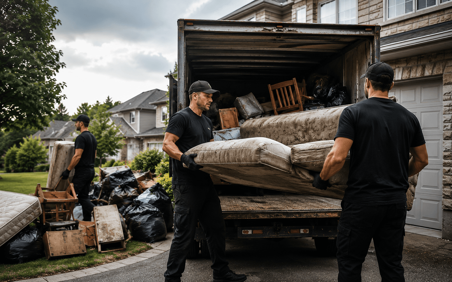 BMN crew loading a dump truck full of residential junk in a Windsor driveway.